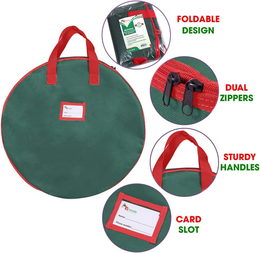 Primode Christmas Wreath Storage Bag - 36" Artificial Wreath Container | 2-Pack with Sturdy Handles & Inner Straps - Green
