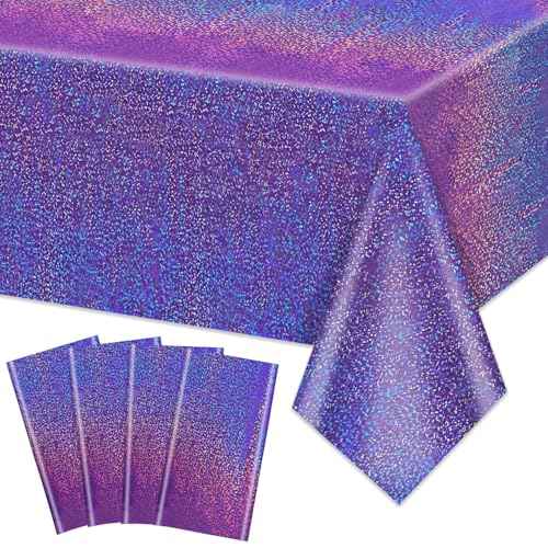 4Pcs Purple Holographic Tablecloths Rectangular Purple Iridescent Tablecloth Shimmer Metallic Table Covers for Butterfly Mermaid Party Birthday Wedding Christmas Holiday Party Decorations, 54x108Inch
