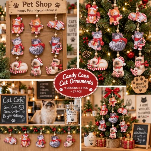 Conelist Cat Christmas Ornaments - 27 Pack Holiday Cat Decorations with Candy Cane, Santa Hat & Winter Designs