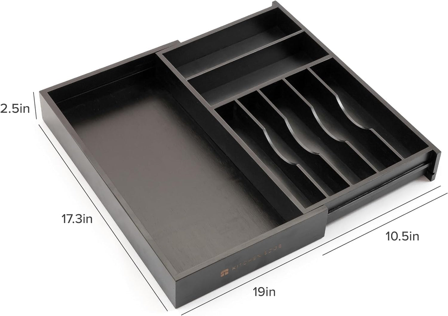 KitchenEdge Premium Flatware Organizer - Expandable Food-Safe Utensil Holder, Black Bamboo, 10.5 to 19 In
