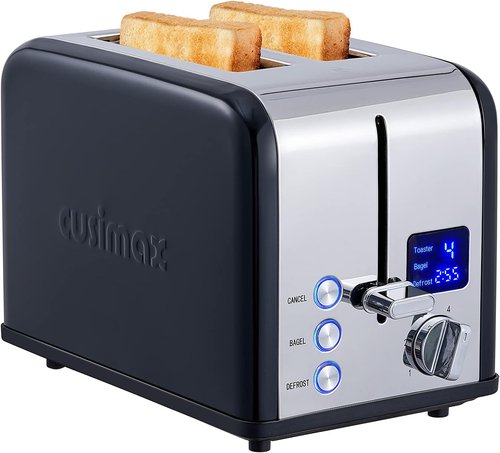 CUSIMAX Stainless Steel 2-Slice Toaster - LED Display, Extra-Wide Slots, 6 Browning Settings, Black