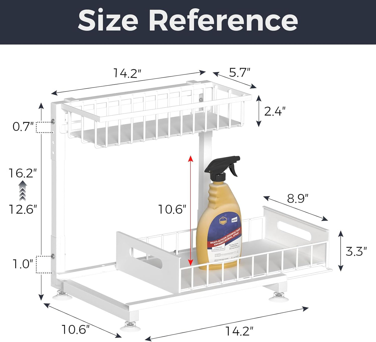 Under Sink Organizer by L-Shaped | 2-Pack 2-Tier Metal Storage with Sliding Drawer - Adjustable Height for Kitchen & Bathroom