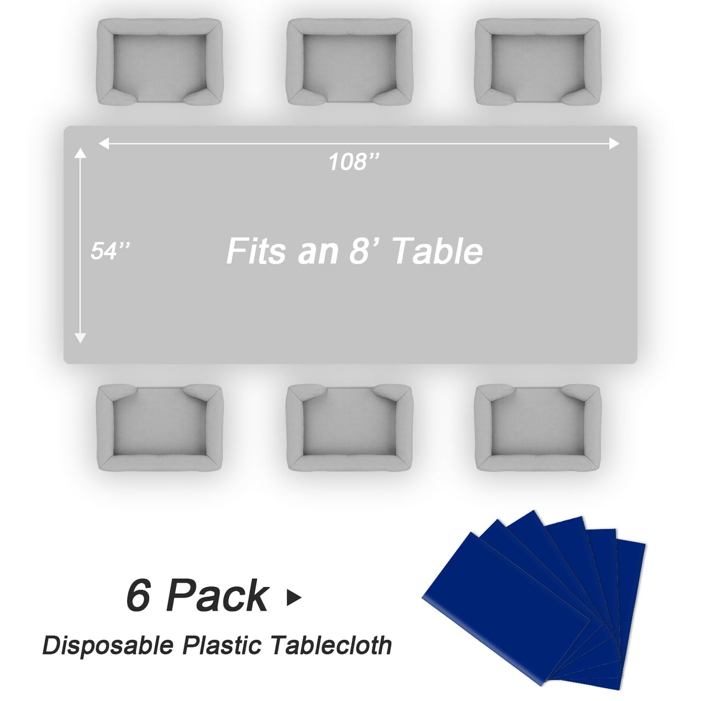 QIKSION Royal Blue Plastic Table Cloth Disposable 6 Pack, 54 x 108 Inch Tablecloths for Party, Graduation, Patriotic, Veterans Day Decorations, Dark Blue Rectangle Table Cover
