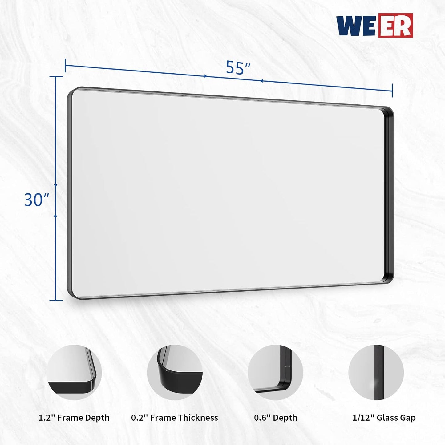 WEER Black Metal Frame Bathroom Mirror - 55x30 Inch Rounded Rectangle | Anti-Rust Tempered Glass, Versatile Hanging Options