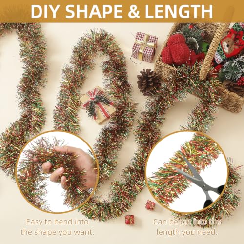 118 Feet Red Green Gold Christmas Tinsel Garland, Metallic Twist
