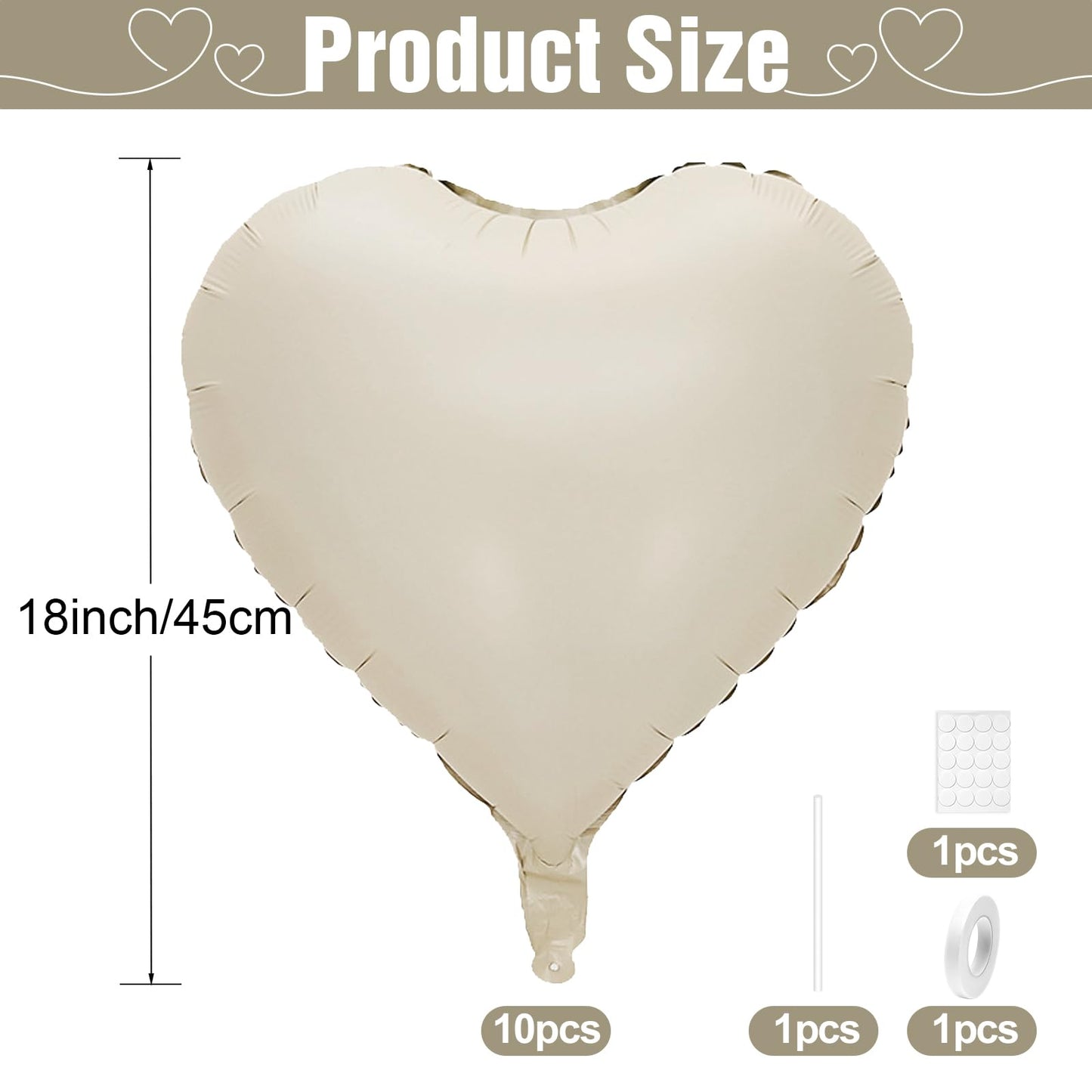 White Heart Balloons,10Pcs Cream White Foil Heart Shaped Balloons,18Inch Beige Helium Polyester Film Balloon for Valentines Engagement Birthday Baby Shower Wedding Party Decorations