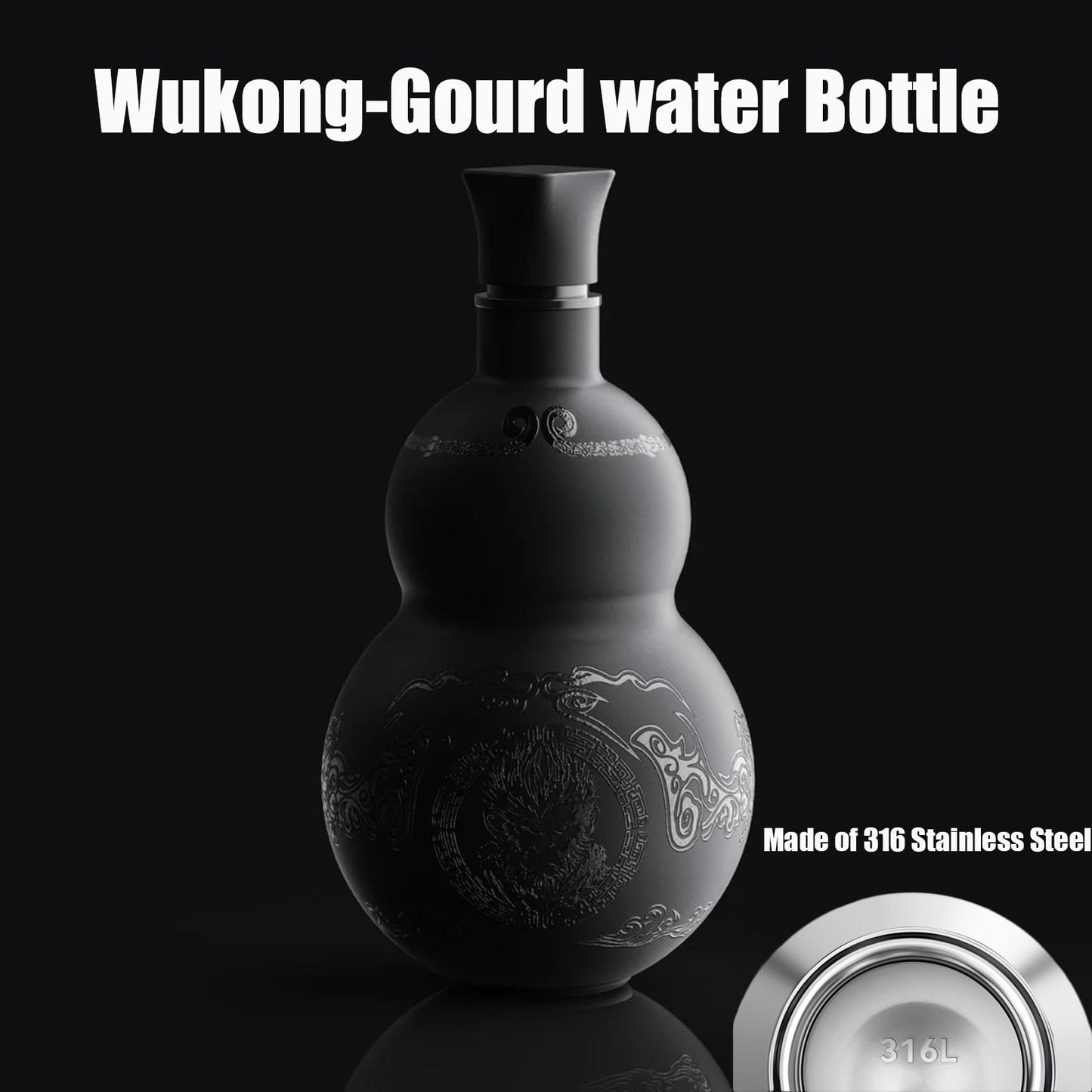 nurdewn Stainless Steel Gourd Water Bottle 16.9oz Insulated Drinking Gourd Bottle for Black Myth Wukong Fans, Vintage Style Leak-Proof Water Jug with Strap, 316 Steel Hot & Cold Flask (Black)
