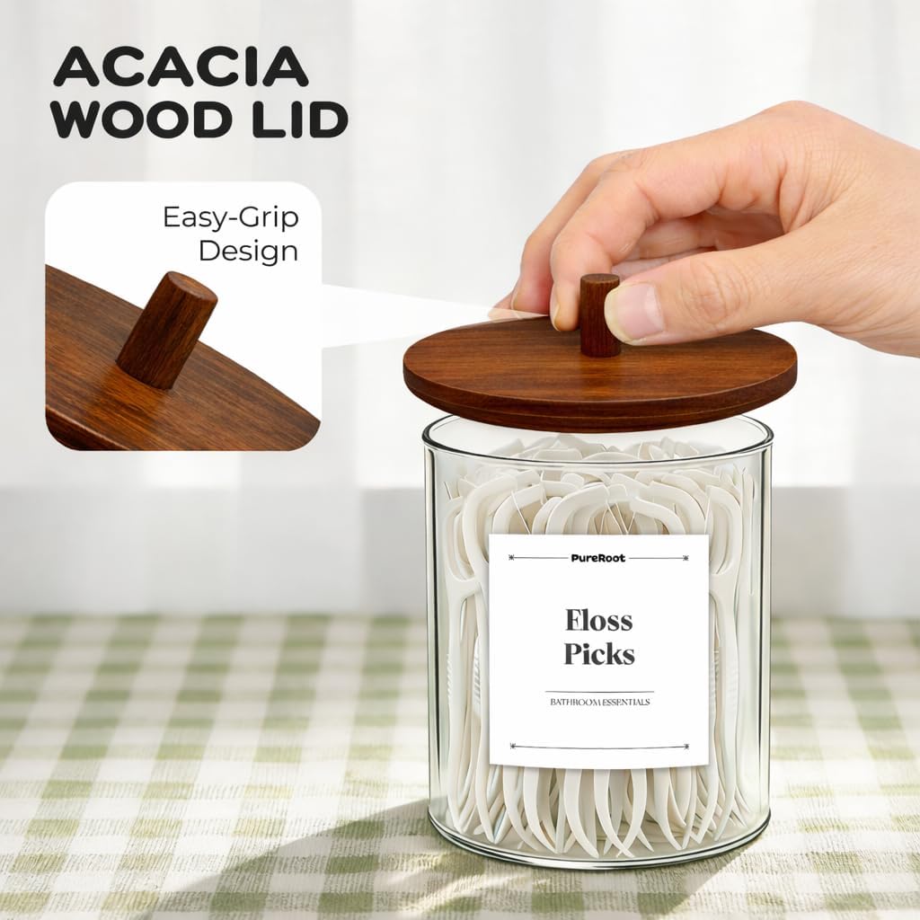 Skiennix Glass Qtip Holder Dispenser Set - 15oz & 10oz Cotton Swab Canisters with Acacia Lids | Bathroom Vanity Storage (2 Pack)