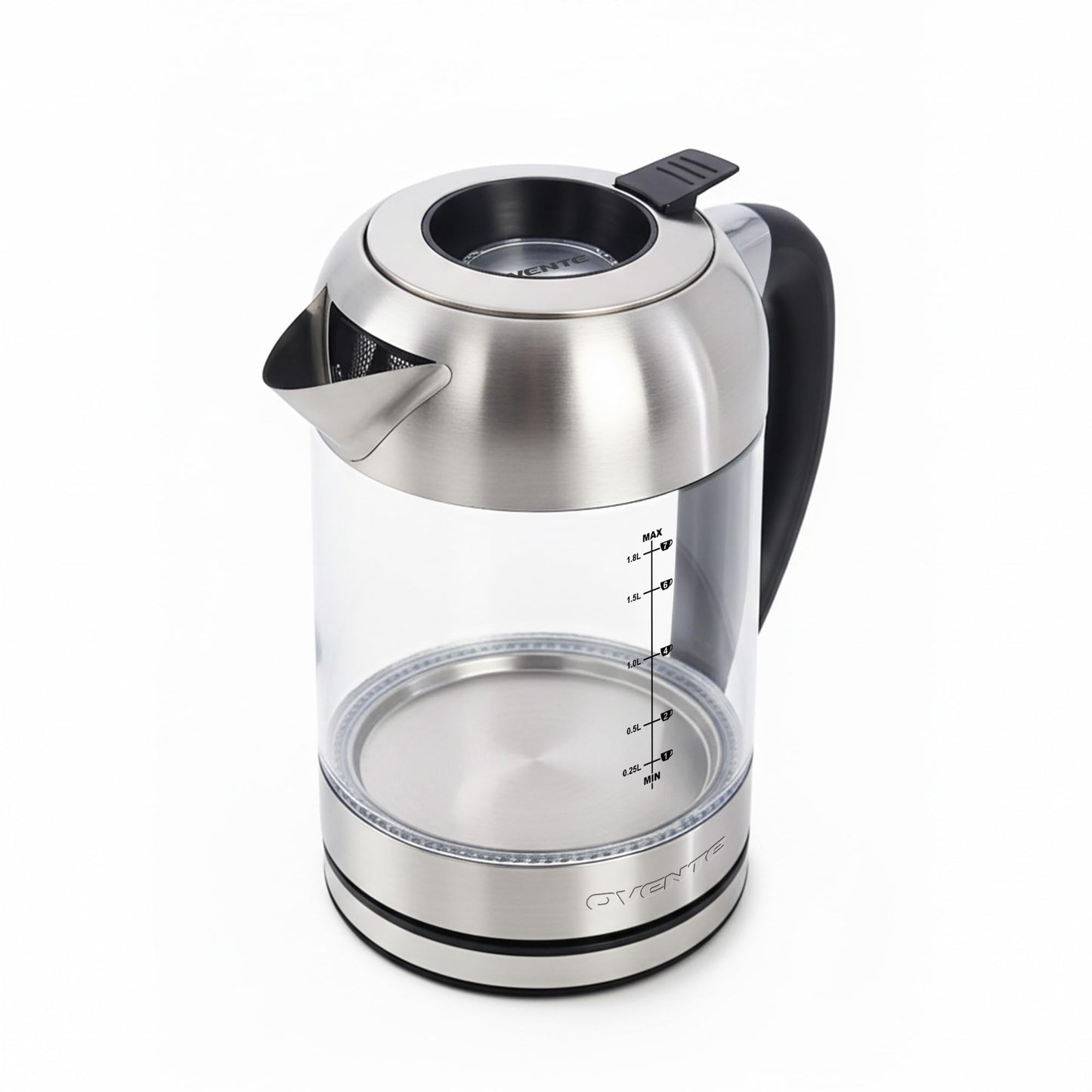 OVENTE Electric Kettle, 1500W No Plastic 1.8L Tea Kettle and Hot Water Boiler For Coffee or Tea, Easy to Fill Lid, Automatic Shut-Off, Borosilicate Glass with Stainless Steel Spout, Silver KG71S