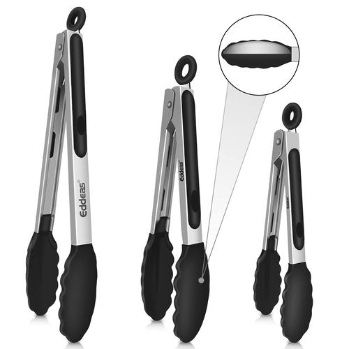Eddeas Kitchen Tongs with Silicone Tips, Tongs for Cooking Heat Resistant 600 Degrees Stainless Steel Locking Tong - 7" 9" & 12 inch Silicone Tong Non-Stick, Black Set of 3