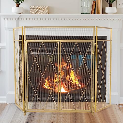 POWLAB Gold 3-Panel Fireplace Screen with Double Doors - 50" x 32"