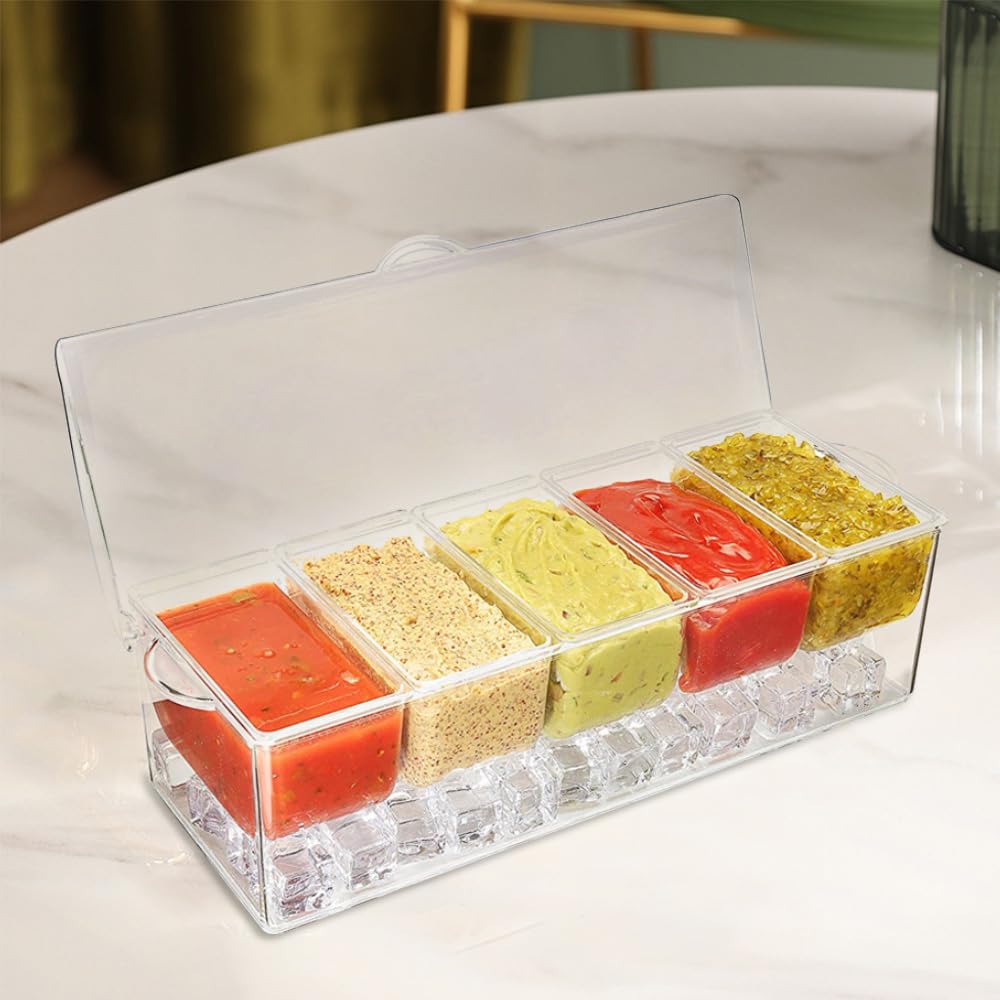 LucaSng Condiment Containers Server with Lid,Ice Tray,Condiment Organizer,Chilled Caddy,Bar Garnish Holder on Ice,Dispenser,Salad Platter for Parties and Restaurants, White