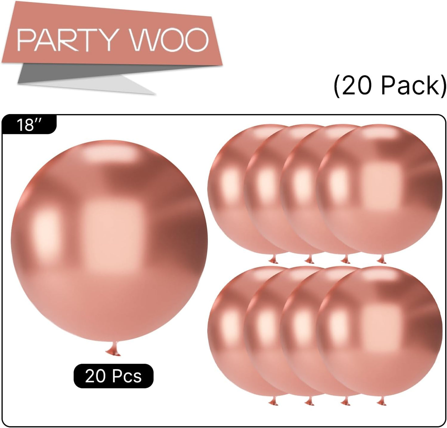 PartyWoo Rose Gold Balloons - 20pcs 18 Inch Metallic Chrome for Weddings & Celebrations