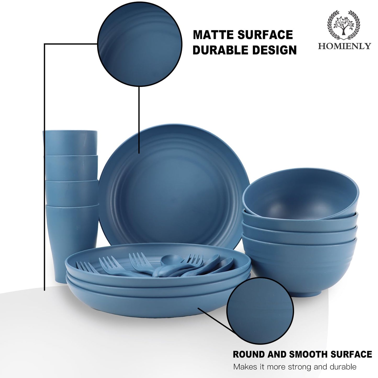Wheat Straw Dinnerware Sets, Homienly 20pcs Unbreakable Microwave Dishwasher Safe Tableware Lightweight Bowls, Cups, Plates Set Reusable Dinner Plates Bowls set (Blue)