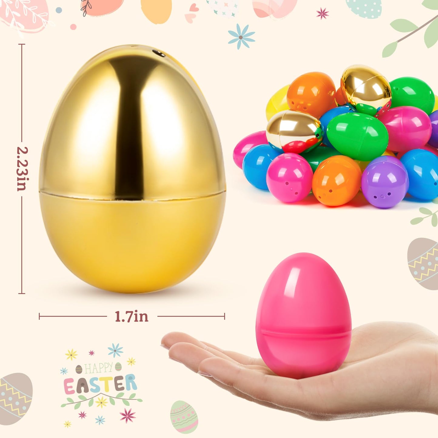 Birebebys 50 PCS 2.4"" Plastic Easter Eggs, 42 Pcs Empty Easter Eggs with 8 Golden Eggs, Fillable Egg with Hinge for Easter Hunt, Basket Stuffers, Classroom Prizes, Party Favors Supplies