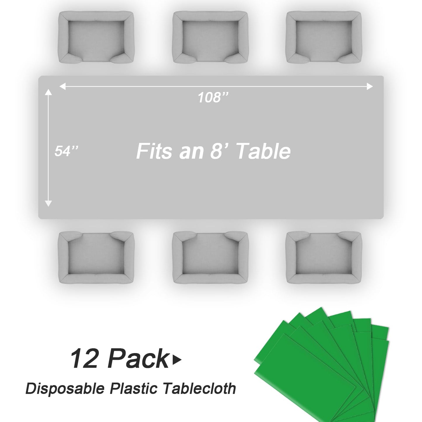 QIKSION Green Plastic Table Cloth Disposable 12 Pack, 54 x 108 Inch Tablecloths for St Patricks Day, Birthday Party, Christmas Decorations, Rectangle Table Cover