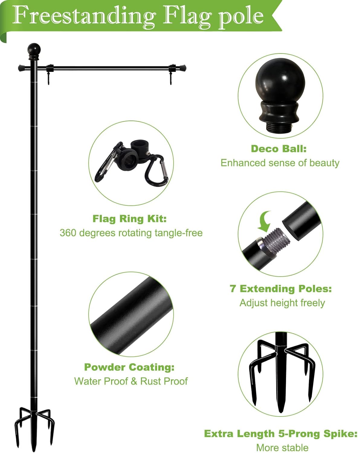 Koutemie 10FT Heavy Duty Garden Flag Pole Stand - Adjustable 5 Prong Base for 3x5 American Flags