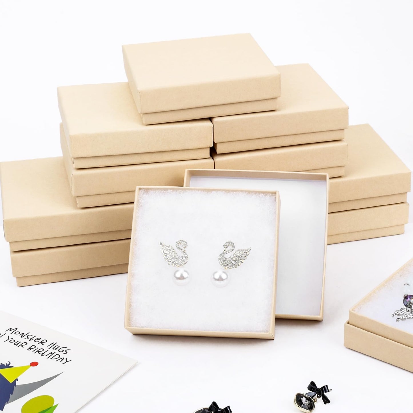 batifine Cardboard Jewelry Gift Boxes, 80 Pack 3.5x3.5x1 Inch, Bulk Cotton Filled Small Jewelry Boxes with Lids for Necklace Ring Bracelet Earring Display Box (Brown)