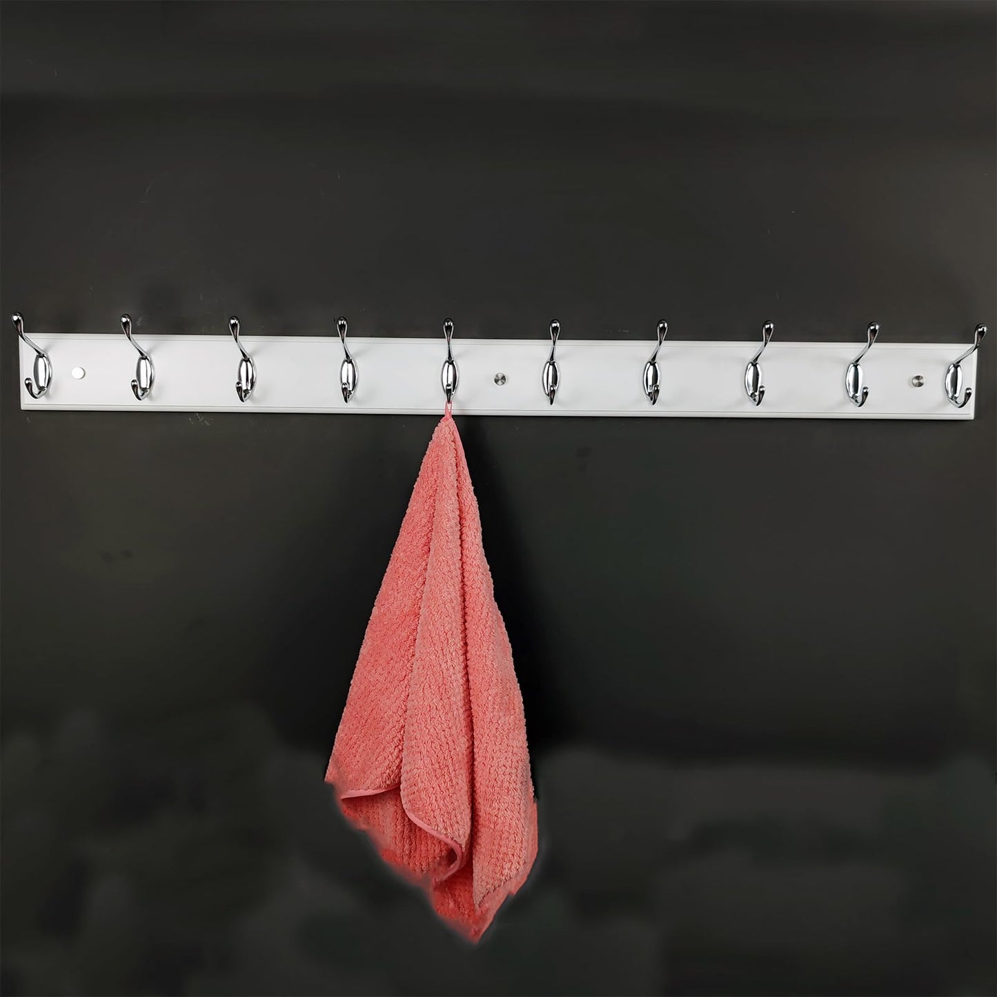 lomejii 37 Inch Long Wooden Wall Mounted Coat Rack with 10 Silver Chrome Hooks for Entryway and Bedroom to Hang Coats, Hats - Heavy Duty Hooks School Bag