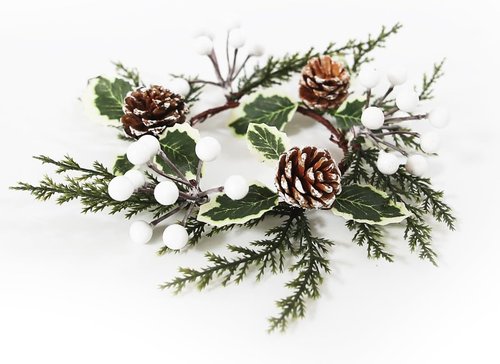 Christmas Greenery Candle Rings by [Brand Name] - 12 Pack with White Berries & Pine Cones | Festive Table Decor