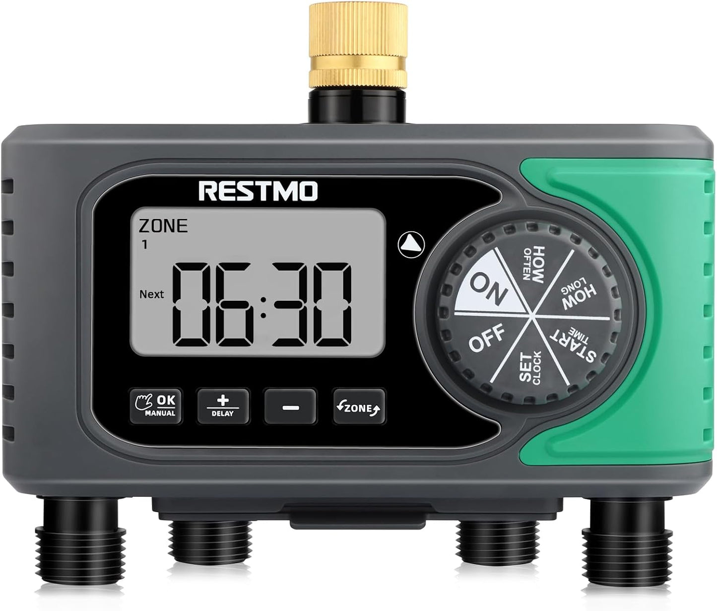 RESTMO 4-Outlet Sprinkler Timer - Programmable Digital Water Timer for Garden Hose | Brass Inlet, Rain Delay