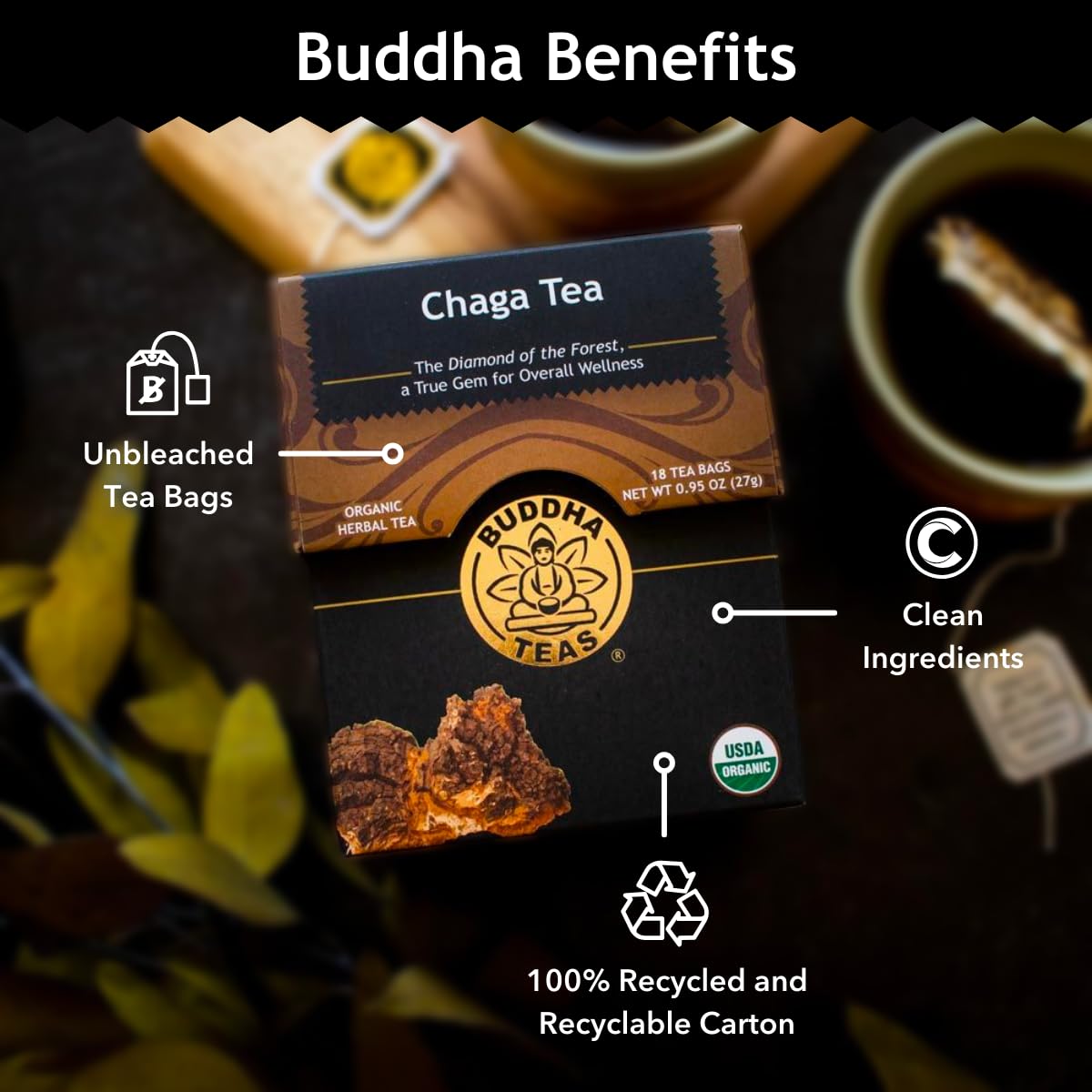 Buddha Teas - Chaga Tea - Organic Herbal Tea - For Cognitive Balance & Overall Health - With Chaga Mushroom, Antioxidants & B Vitamins - Caffeine Free - 100% Kosher & Non-GMO - 18 Tea Bags (Pack of 3)