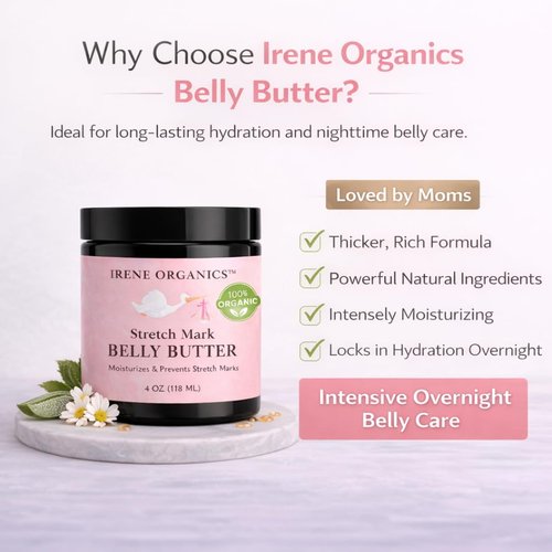 Irene Organics Organic Belly Butter - Award-Winning Stretch Mark Prevention & Treatment Balm | 4oz Hydrating Tummy Cream