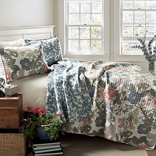 Leaf Print Reversible Cotton Quilt Set King - Blue & Green Floral Bedding