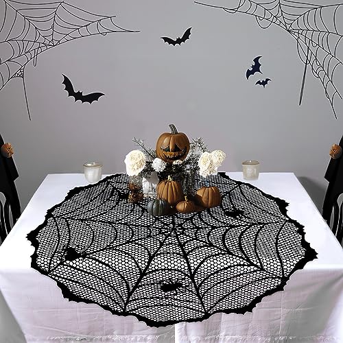 40-Inch Black Lace Spiderweb Tablecloth – Round Halloween Table Topper