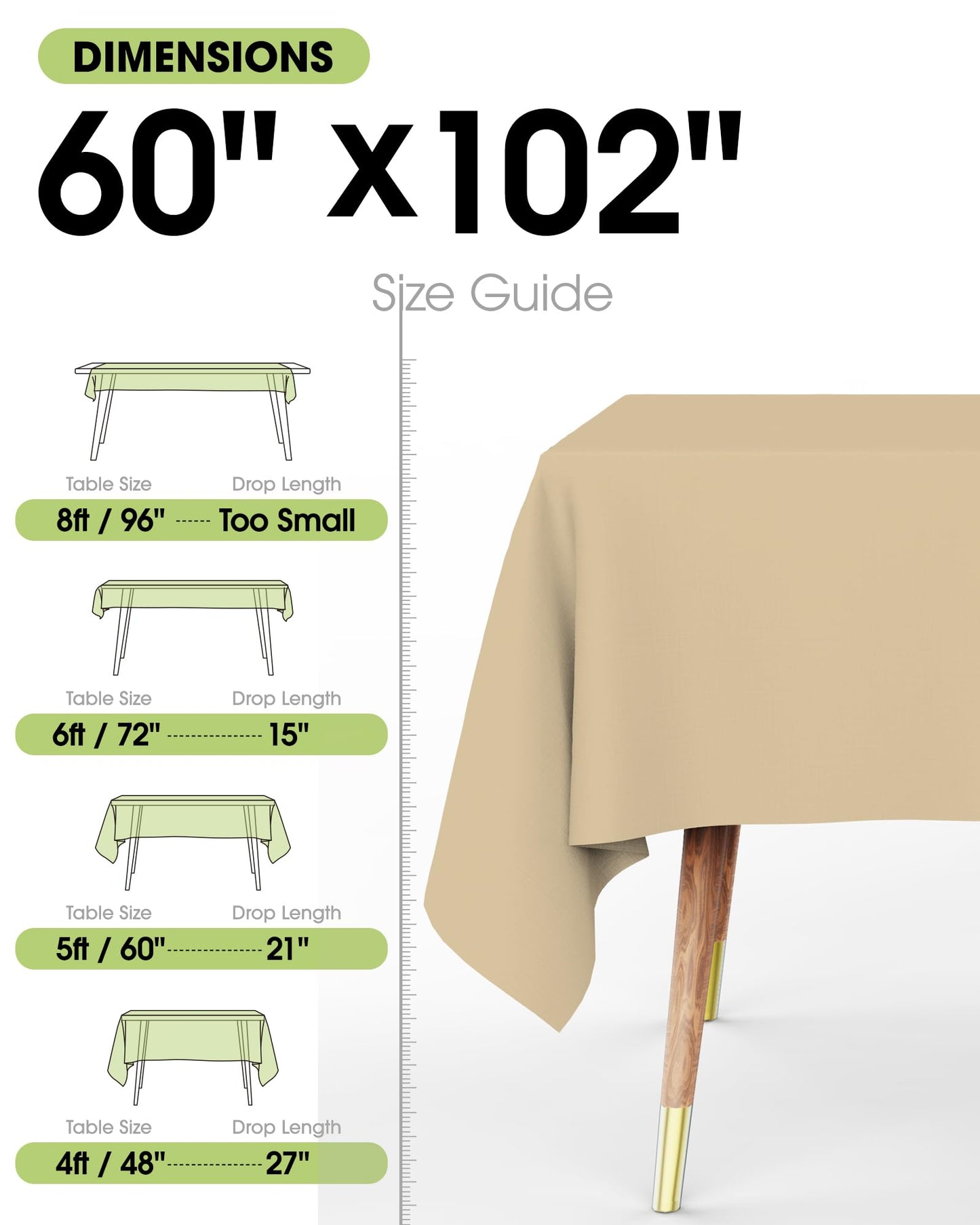 Pureegg Rectangle Table Cloth 60" x 102" – Durable Polyester Tablecloth Offers Reusable & Washable Protection, Ideal for Outdoor Party, Picnic, Wedding, Banquet and Birthday, 2 Pack, Beige