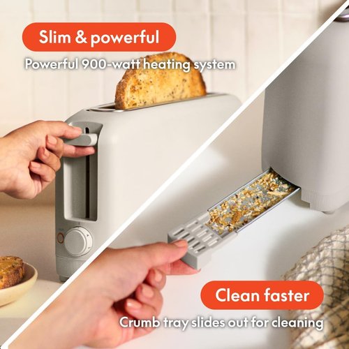 Bella 2 Slice Slim Toaster - 6 Setting Shade Control, Reheat & Cancel Buttons, 10” Long Slot, Oatmilk