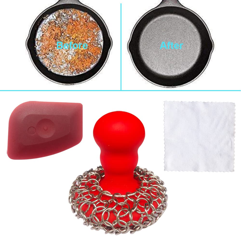 316 Upgraded Chainmail Scrubber with Silicone Handle Cast Iron Cleaner for Cast Iron Grill Pan Skillet Wok Bakeware Ergonomic to Hold Easy to Use Dishwasher Safe, Scrubber + Scraper + Towel (Red)