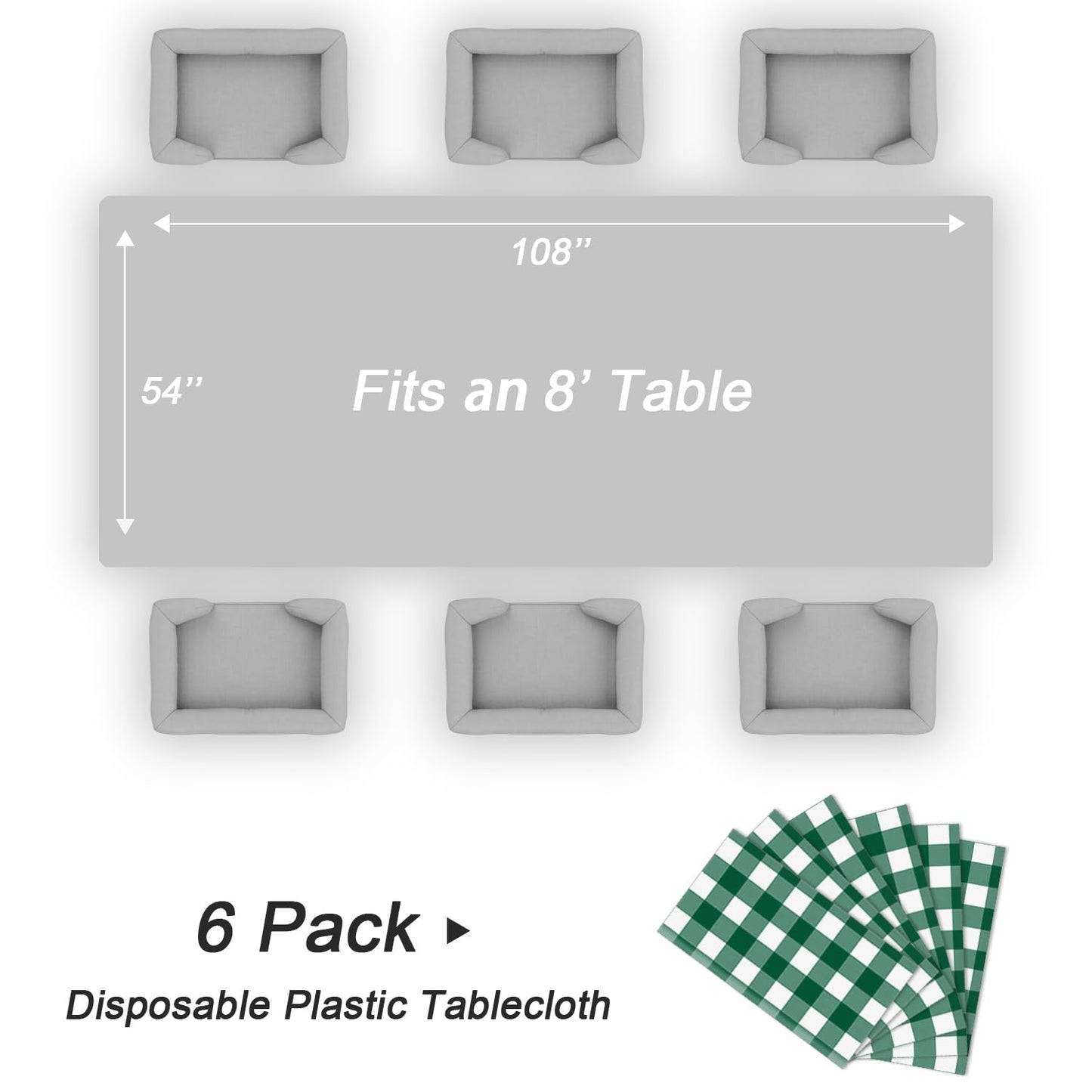 QIKSION Green Gingham Tablecloth Disposable 6 Pack, 54 x 108 Inch Green and White Checkered Table Cloth for Camping, Birthday, Masters Golf Party Supplies, Rectangle, Plastic Table Cover