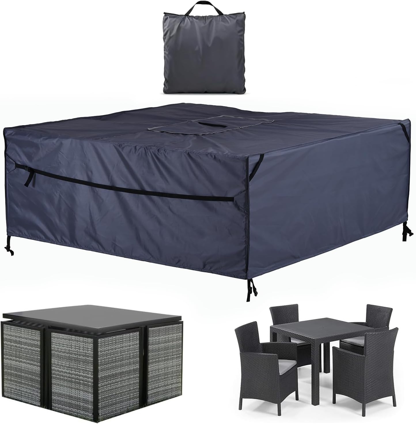 Patio Furniture Covers Waterproof | 420D Rectangular Table & Chair Set Cover - Built-in Storage Bag - Dark Grey
