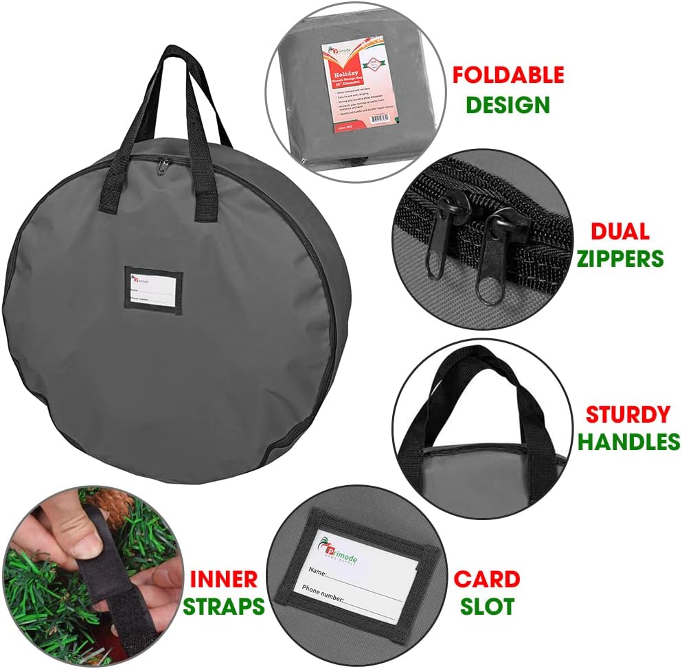 Primode Heavy Duty Wreath Storage Bag | Durable 600D Oxford Polyester for Xmas Wreaths (30", Gray)