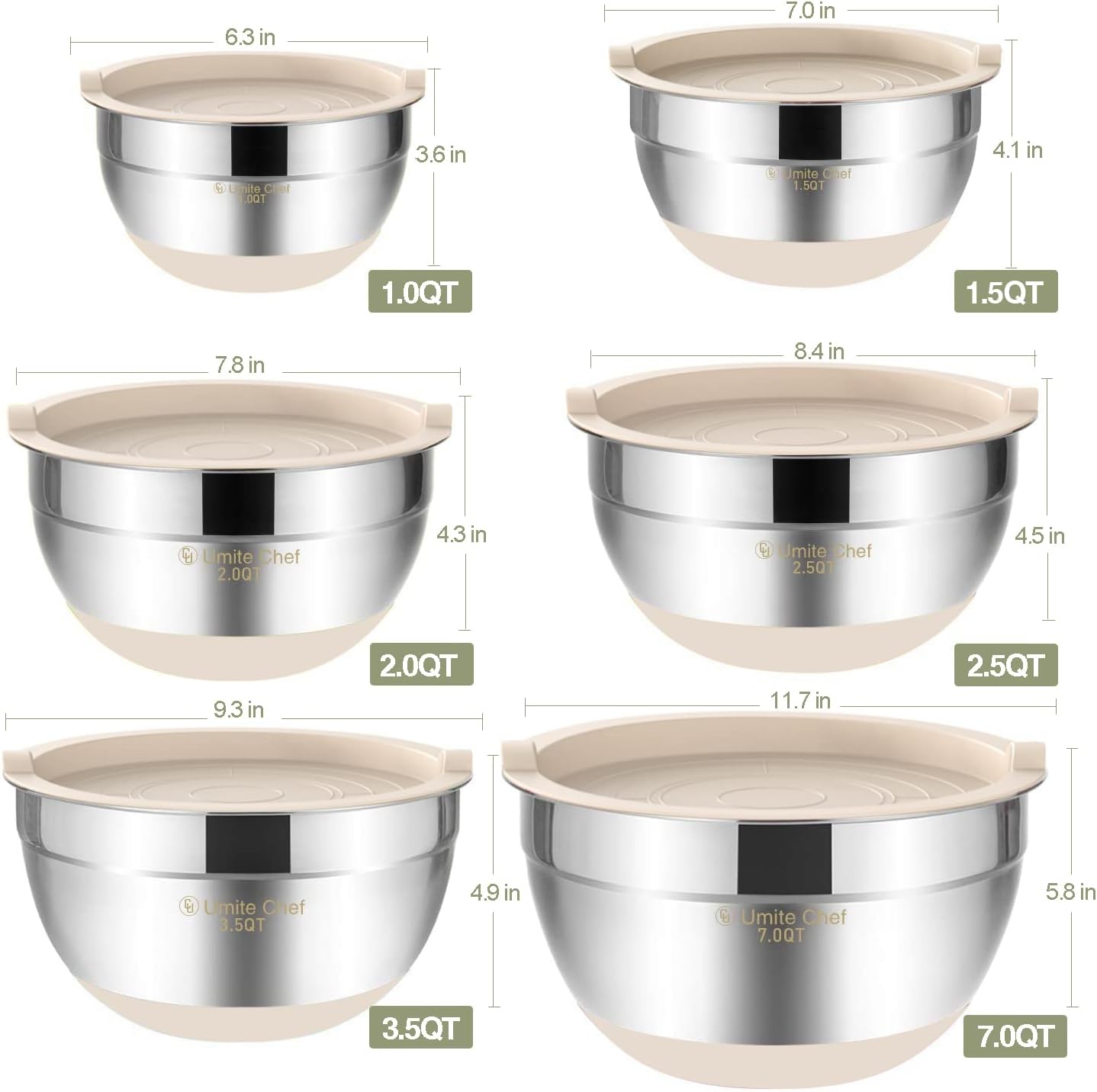 Umite Chef Mixing Bowls - 6-Piece Stainless Steel Set with Airtight Lids & Non-Slip Bottoms | Khaki