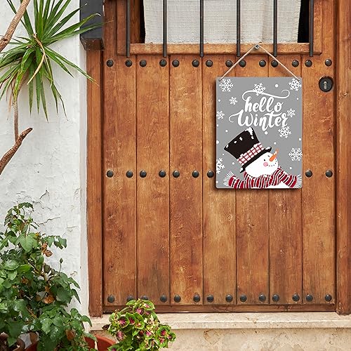 FUGWN Hello Winter Snowman Snowflake Christmas Hanging Wooden Signs 8x10, Winter Decorations for Home, Xmas Wall Decor