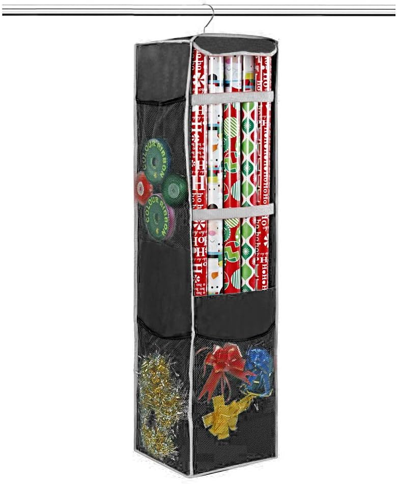 ProPik Holiday Wrapping Paper Storage Bag - 360° Swivel Hanger with Mesh Pockets | Holds 25 Rolls, 40 Inch, Black