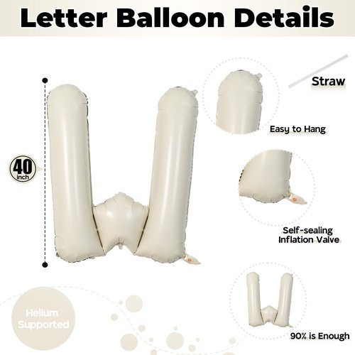 40 Inch Custom Letter Balloons, Giant Alphabet W Foil Name Ballon Cream White, Mylar Self Inflating Balloon Beige Letters W Decor, Helium Letter Customize Balloons for Women Birthday Party Decoration