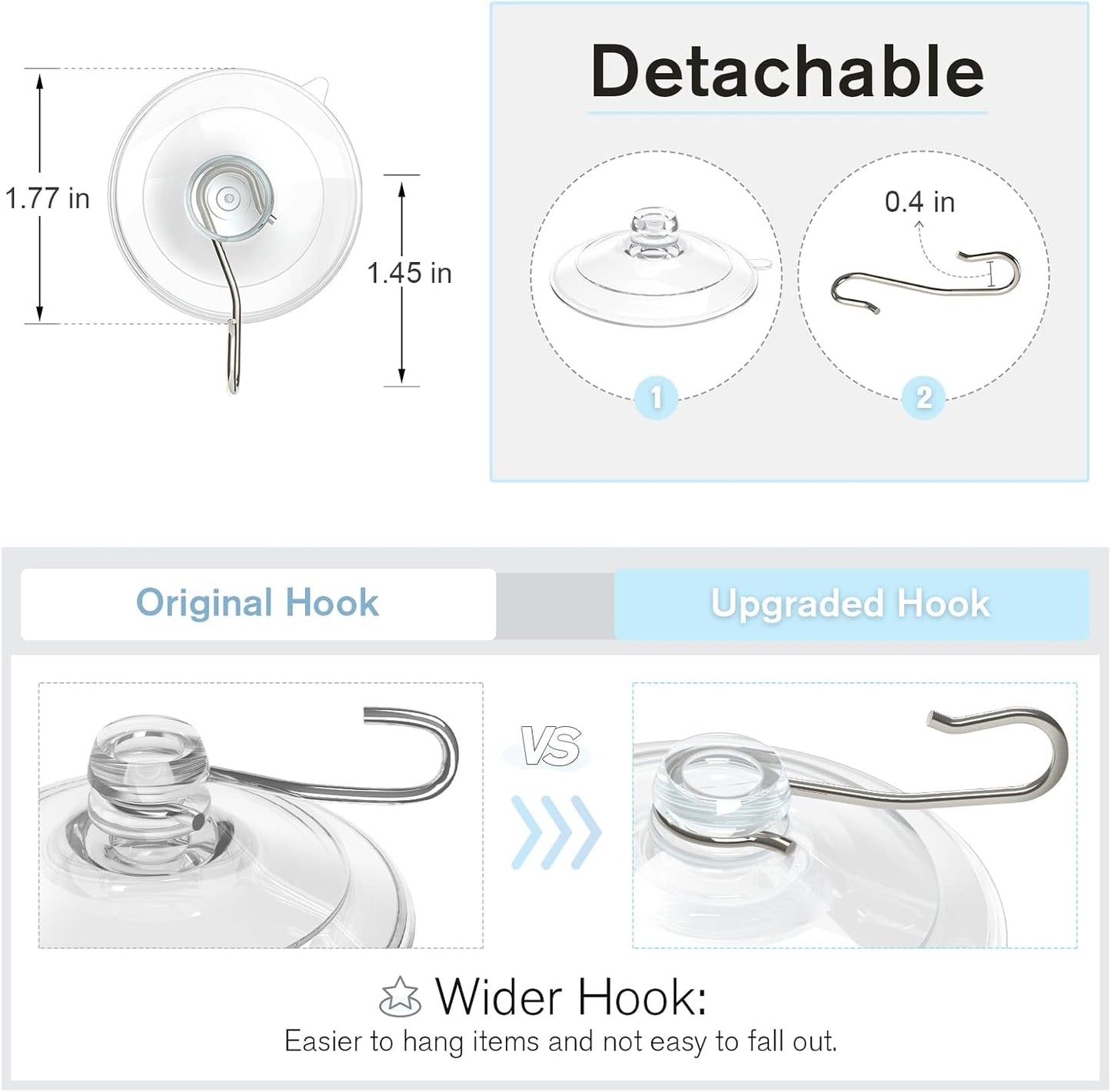 VIS'V Suction Cup Hooks - 1.77 Inch Clear Window Hooks | Removable & Reusable, 12 Pack