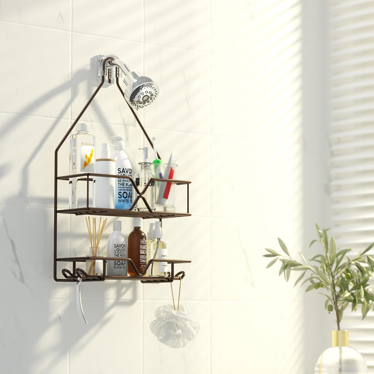 TreeLen Shower Caddy - Over Shower Head Bathroom Organizer with 4 Hooks for Shampoo - Bronze