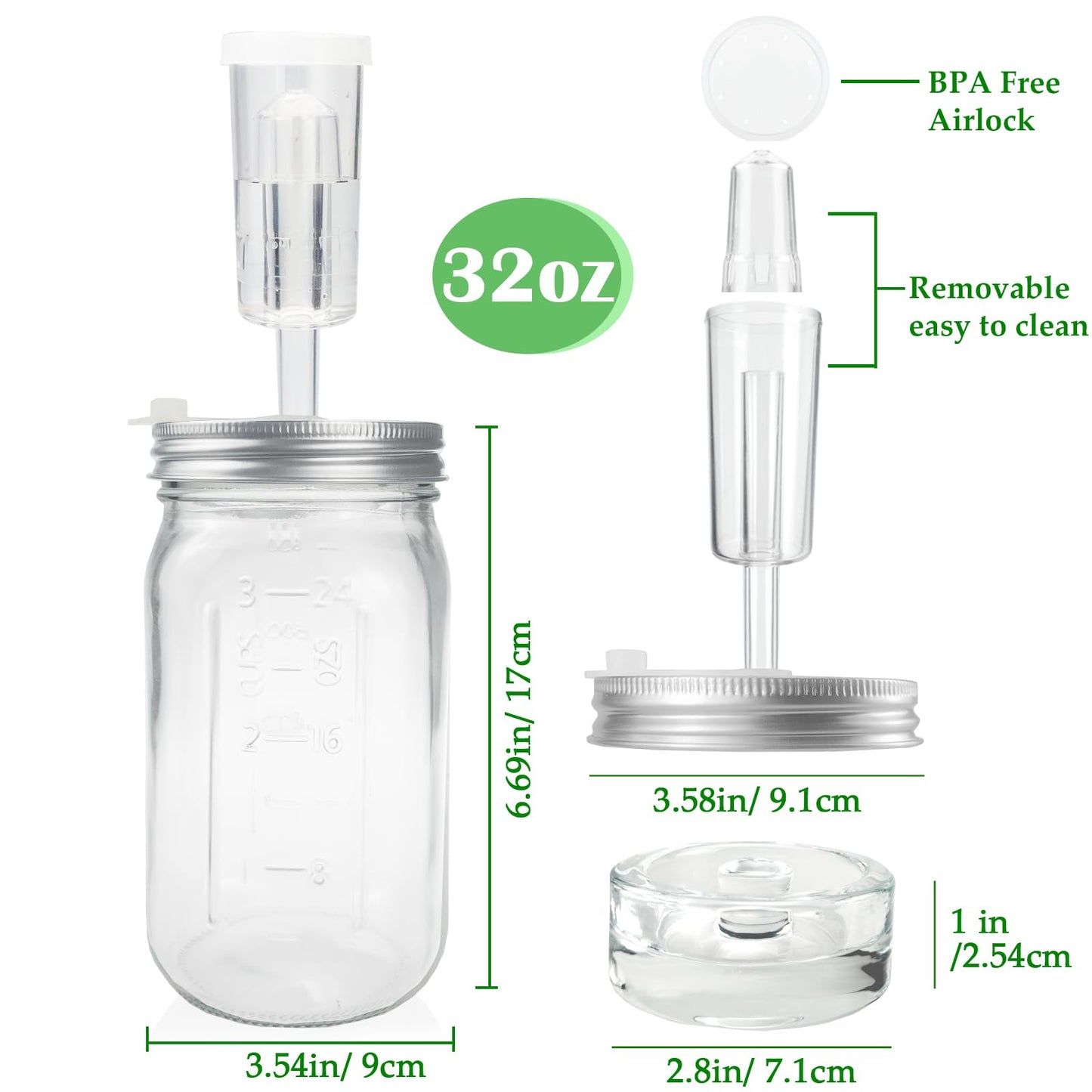 32 oz Mason Jar Fermentation Kit, 2 Pack Fermentation Jars, Fermentation Lids, Fermenting Weights and Airlocks, Complete Fermenting Kit for Making and Storing Sauerkraut（Pack of 2）
