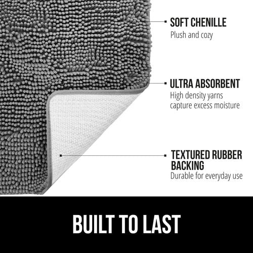 GORILLA GRIP Bath Rug Mat & Mesh Bath Pillow Bundle - Soft Absorbent Chenille, Gray & White, 2-Piece Set