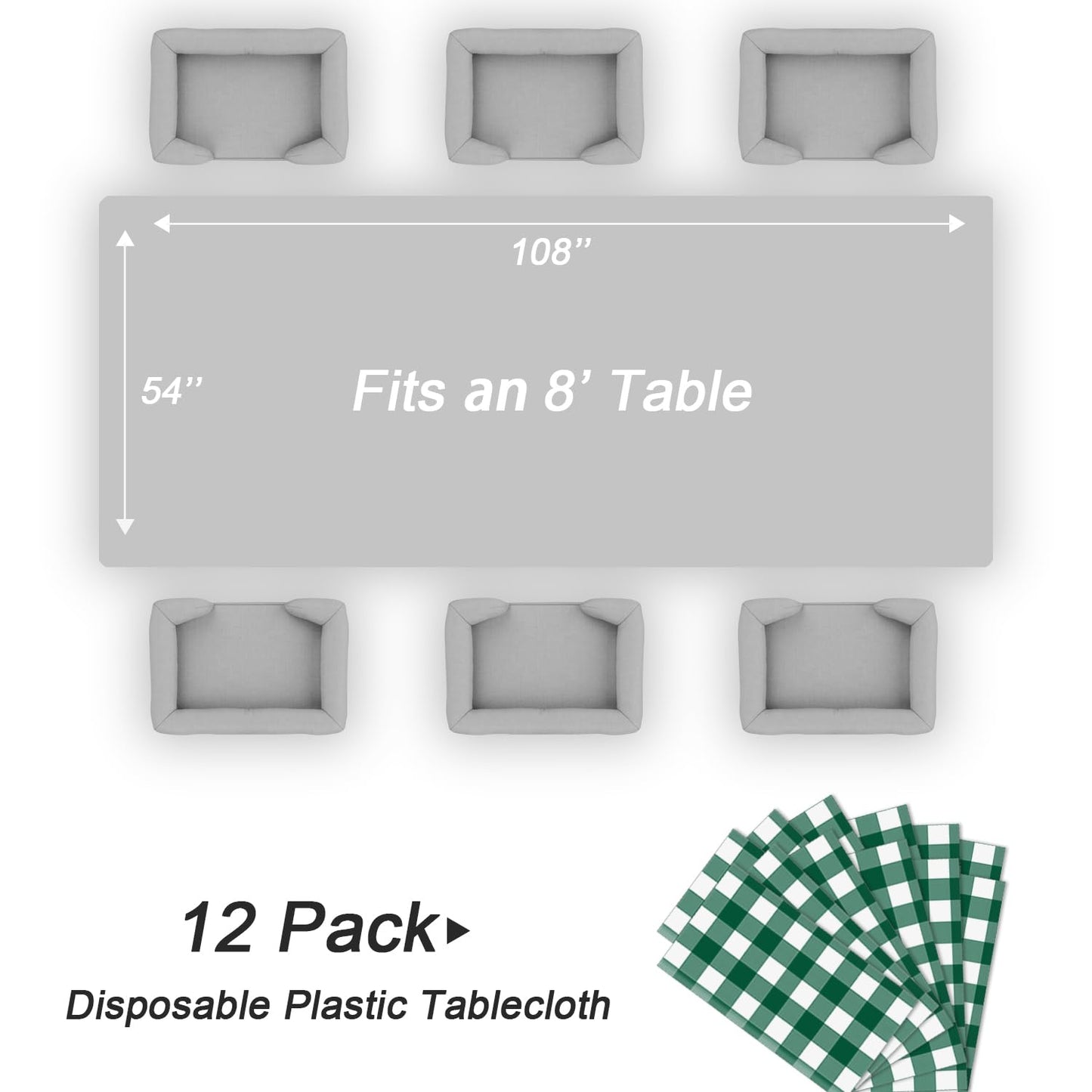 QIKSION Green Gingham Tablecloth Disposable 12 Pack, 54 x 108 Inch Green and White Checkered Table Cloth for Camping, Birthday, Masters Golf Party Supplies, Rectangle, Plastic Table Cover