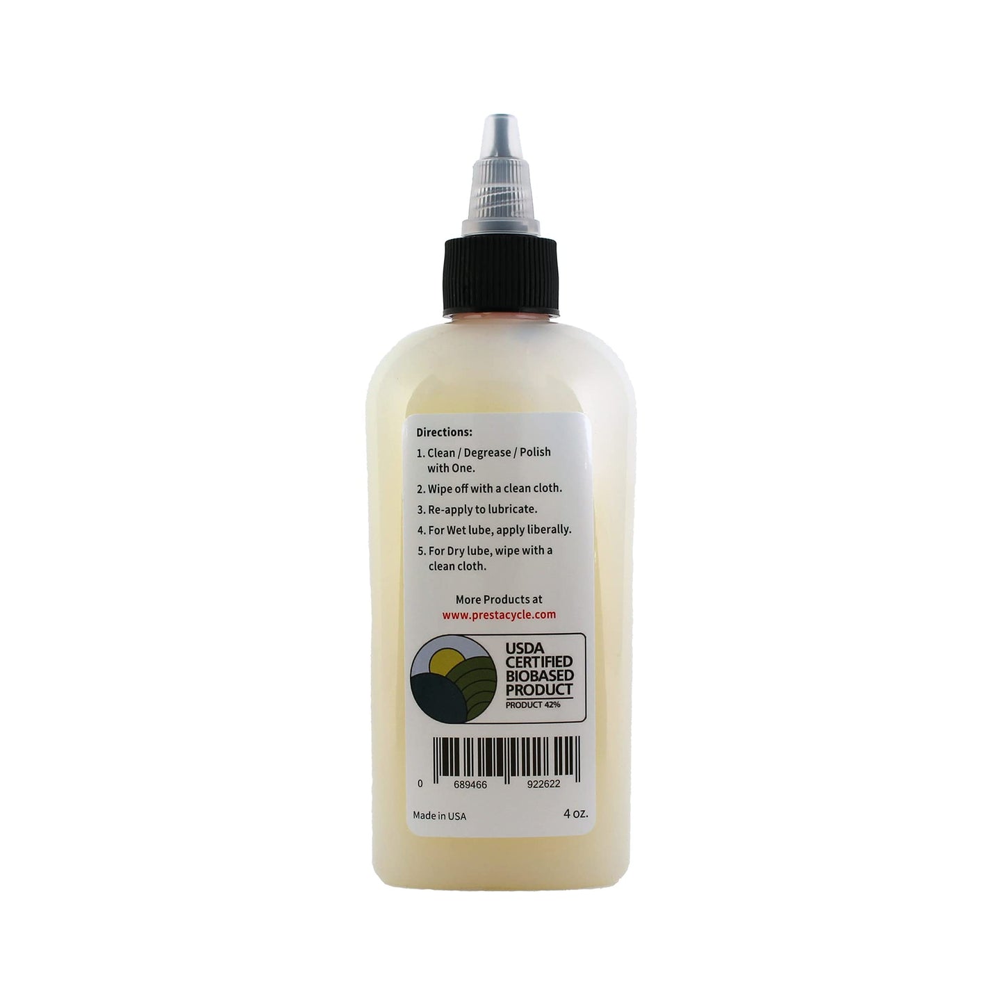 Prestacycle One Liquid - 4 Oz – All-in-One Bio-Based Bicycle Lube, Degreaser, Cleaner, Rust Remover & Protectant, Wet & Dry Chain Lubricant, USDA Certified, No Petroleum or Alcohol