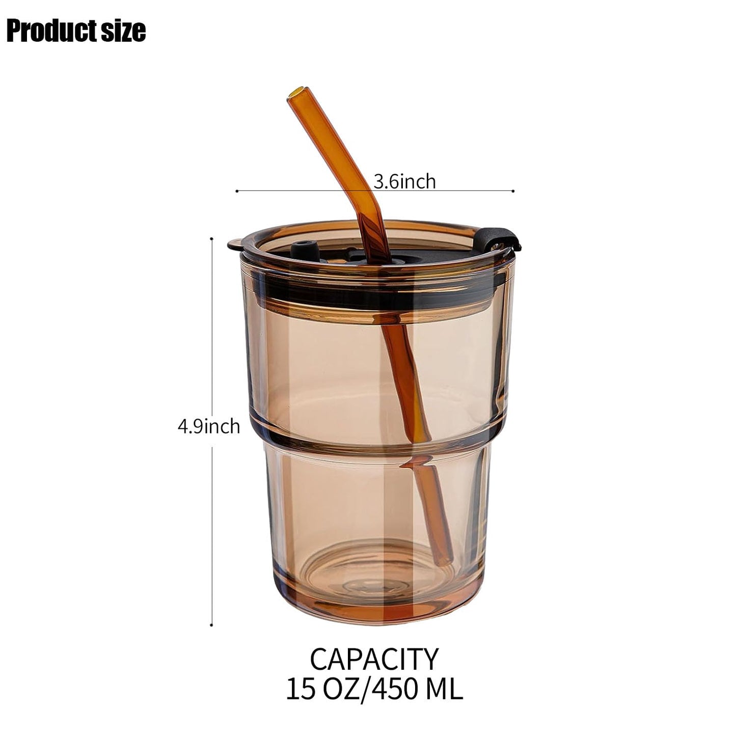 LEKAYIHU 13oz/400ml Glass Tumbler with Straw and Lid, Iced Coffee Cups with Lids, Iced Tea, Thick Wall Insulated Glass Cup,Reusable Iced Coffee Cup (Amber)