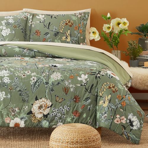 Avocado Green Floral Oversized Queen Comforter Set – 7-Piece Bed in a Bag, Farmhouse Bedding