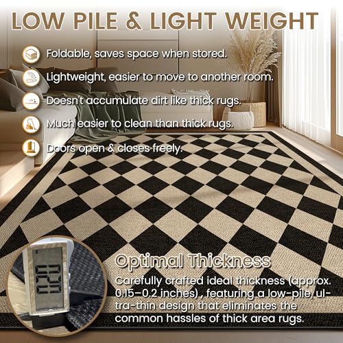 5' x 7' Checkered Jute-Style Indoor Outdoor Rug - Black, Washable, Lightweight