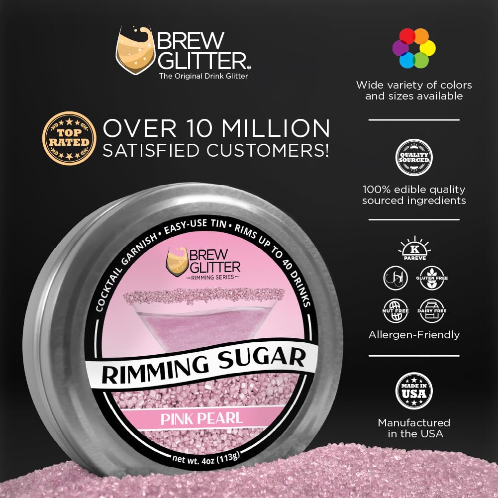 Brew Glitter - Pink Rimming Sugar (4oz, 1x Bar Tin) Cocktail Garnish for Mixed Drinks & Refreshments