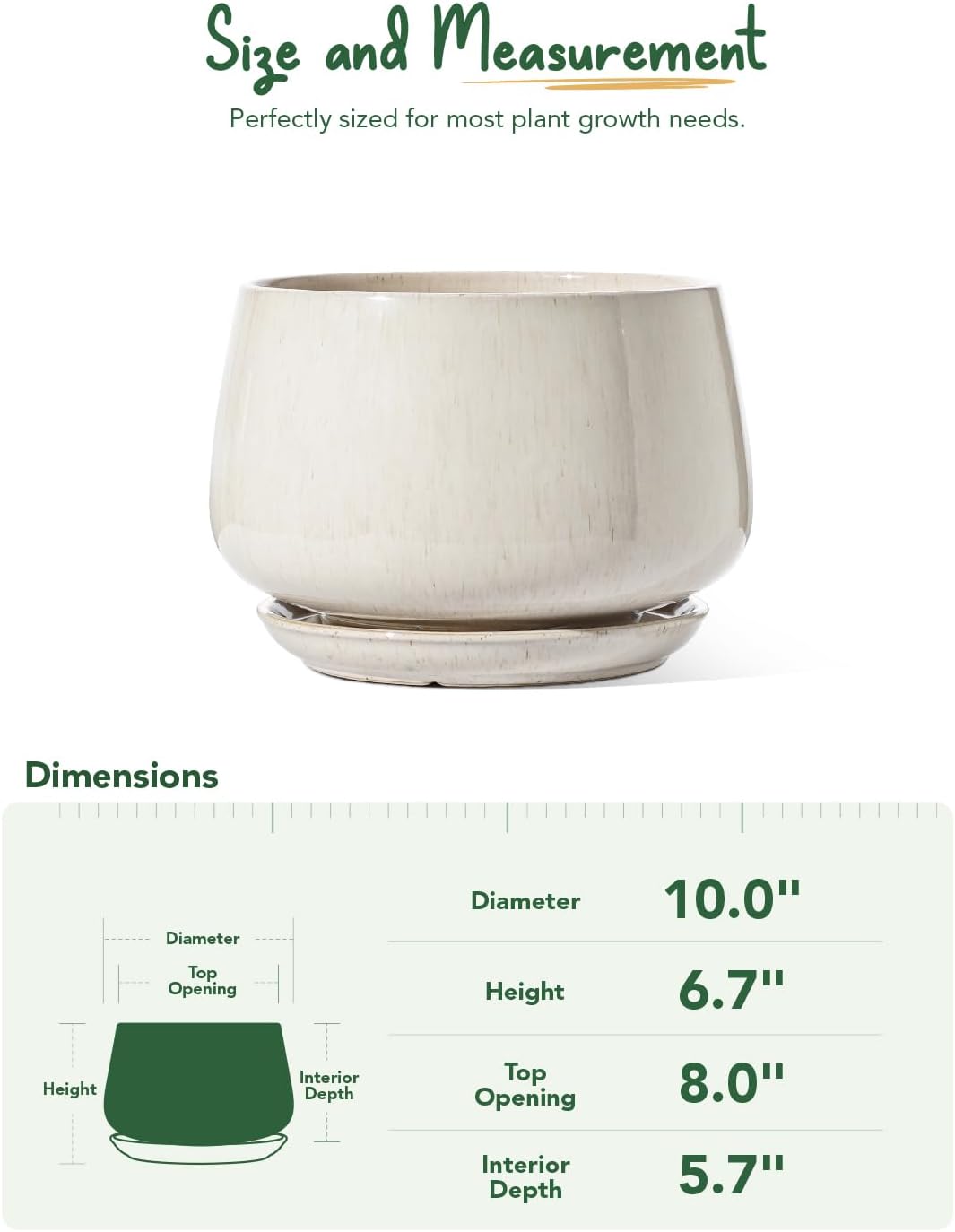 LE TAUCI Ceramic Planter - 10 Inch Pot with Drainage Hole & Saucer | Durable Reactive Glaze Beige for Modern Decor
